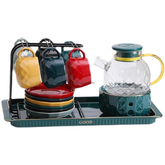 Afternoon Tea Set with Warmer – Glass Teapot & 6 Ceramic Cups
