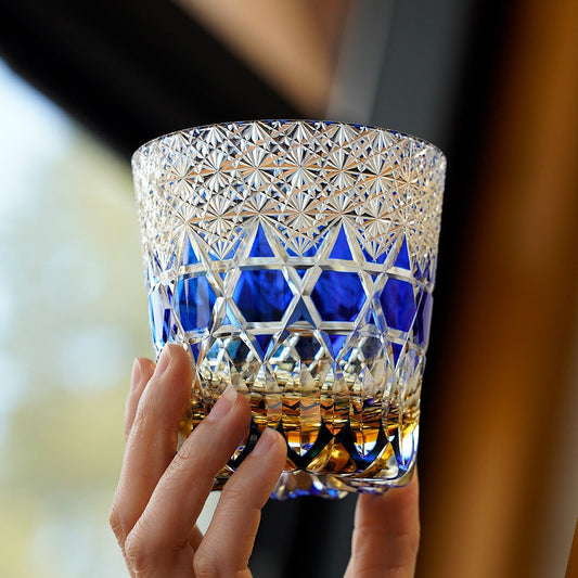 Whiskey Glass Kiriko Sapphire Fluorite Hand-Cut Crystal Tumbler