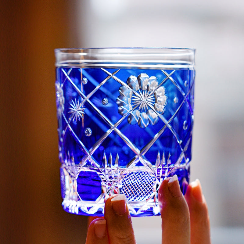 Whiskey Glass Royal Blue Kohana Blossom | Edo Kiriko Floral Crystal