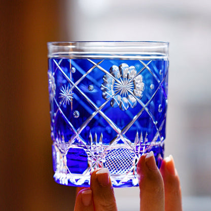 Whiskey Glass Royal Blue Kohana Blossom | Edo Kiriko Floral Crystal