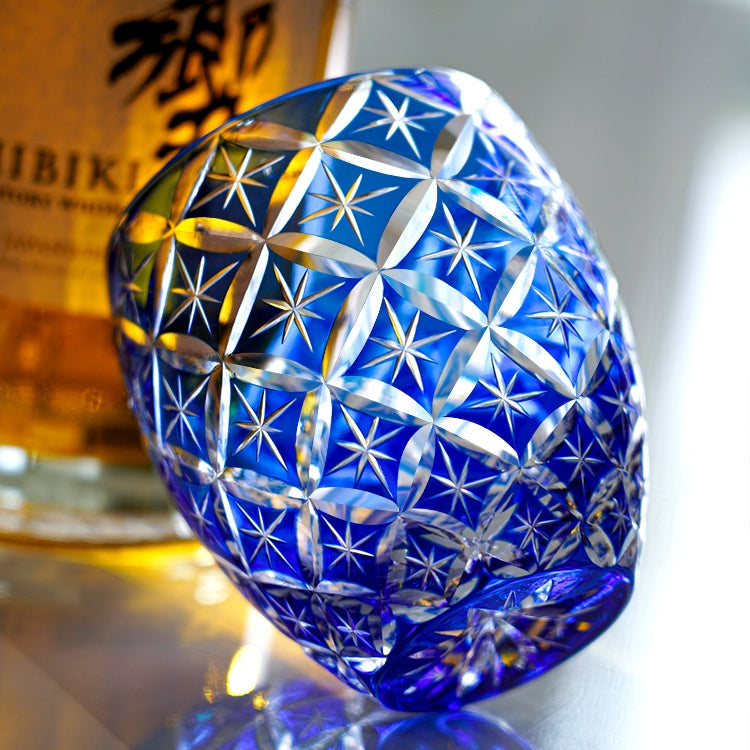 Whiskey Glass Kiriko Sapphire Shippo Pattern Hand-Cut Crystal Tumbler