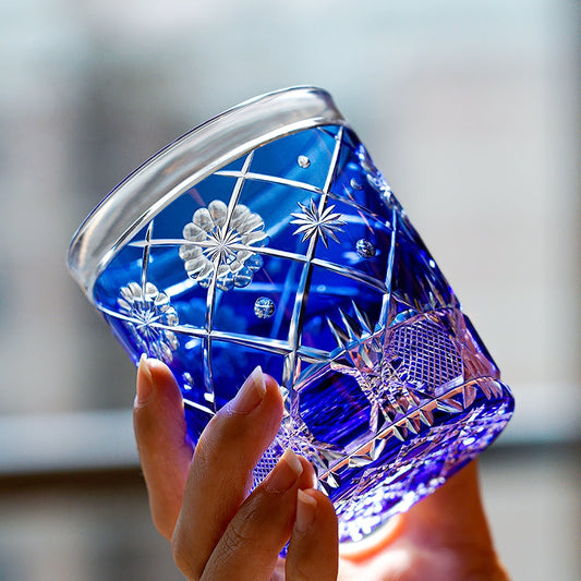 Whiskey Glass Royal Blue Kohana Blossom | Edo Kiriko Floral Crystal