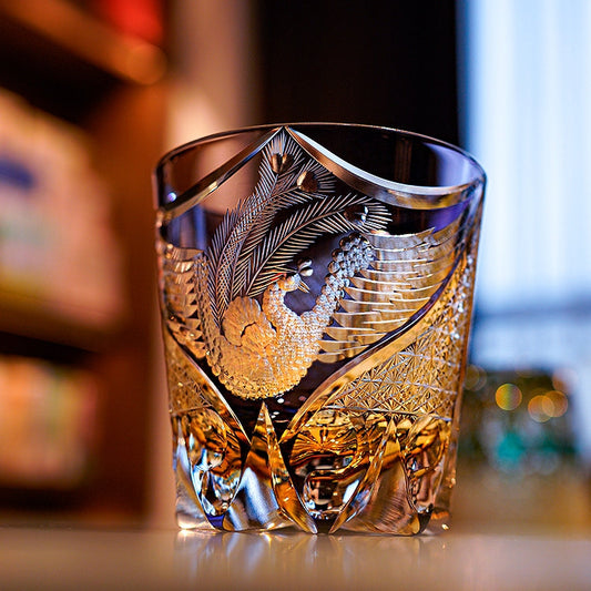Whiskey Glass Edo Kiriko Handcrafted Dancing Phoenix with Wooden Gift Box