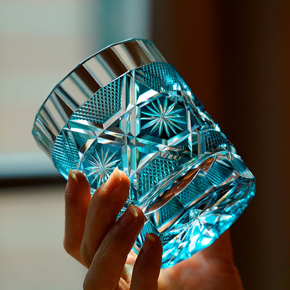 Cut Crystal Whiskey Glass Edo Kiriko Kiku Suji Chrysanthemum | Japanese Artisan Turquoise Glassware