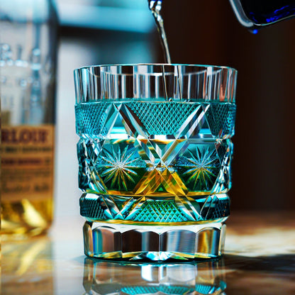 Cut Crystal Whiskey Glass Edo Kiriko Kiku Suji Chrysanthemum | Japanese Artisan Turquoise Glassware