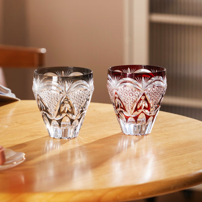Kiriko Whiskey Glass Edo Kohaku Sakura Chrysanthemum Hand-Cut Crystal | Red Grey Japanese Glassware