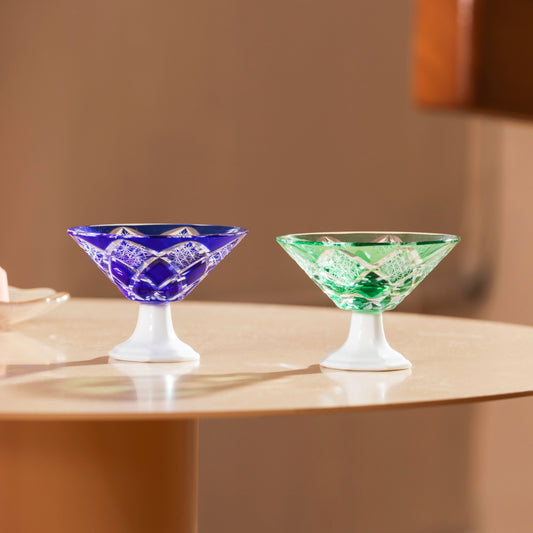Sake Glass Edo Kiriko Kohaku Yarai Hand-Cut Crystal & Porcelain Base | Ruri Blue Jade Green Japanese
