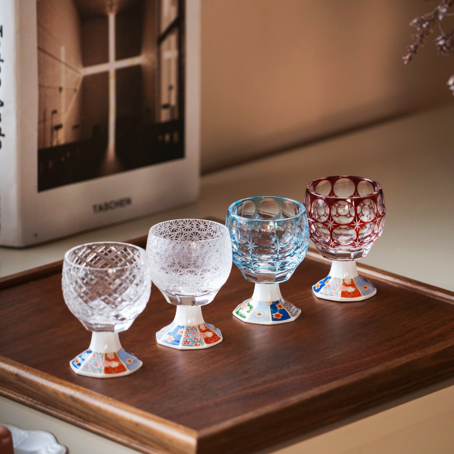 Sake Goblet Glass Edo Kiriko Kazaridai Hand-Cut Crystal & Mino Ware Porcelain Base | Japanese Artisan