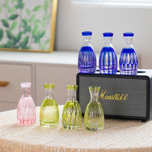 Sake Flagon Edo Kiriko Komari Hand-Cut Crystal | Tama Tate-Suji Blue Green Pink Japanese Glassware