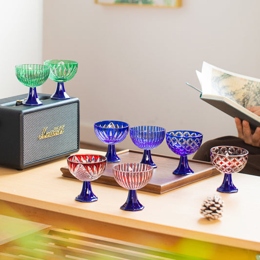 Sake Glass Edo Kiriko Takadai Komon Grand | Red Blue Green