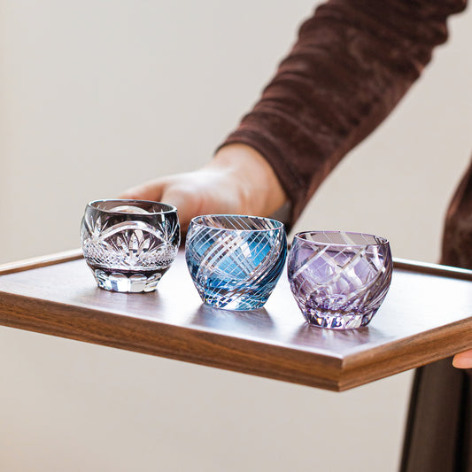Sake Cup Edo Kiriko Kizashi Guinomi Hand-Cut Crystal | Kiku Yarai Blue Grey Purple Japanese Glassware