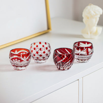 Sake Cup Edo Kiriko Akebono Guinomi Collection – Hand-Cut Crimson Japanese Sake Glass with Wooden Box | 4 Patterns