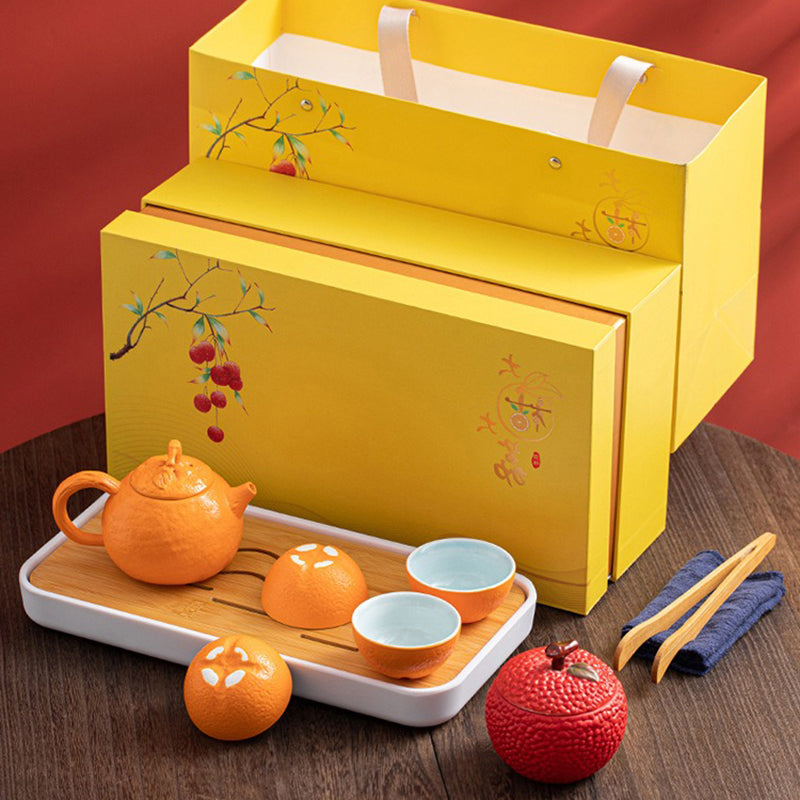 Fruit Tea Set with Tray | Realistic Porcelain Kaolin 4 Cups