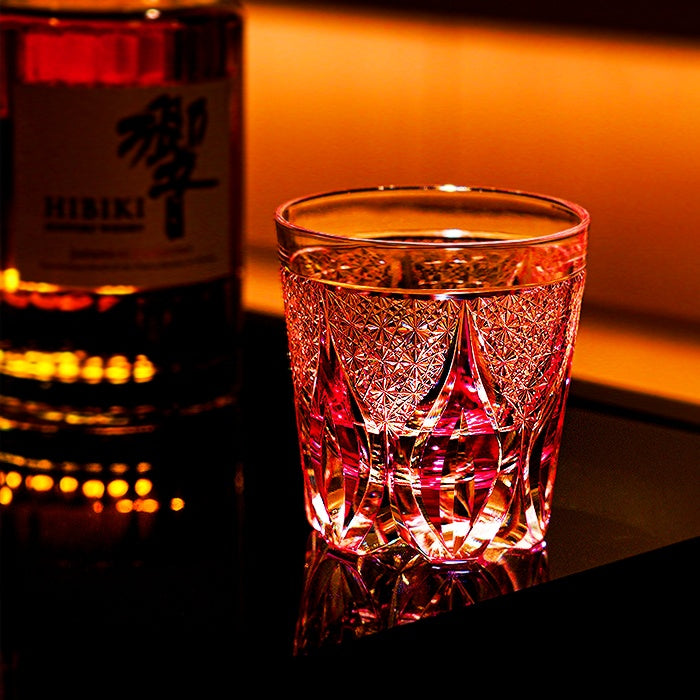 Whiskey Glass Edo Kiriko Handcrafted Crimson Flame Gold-Infused with Wooden Gift Box