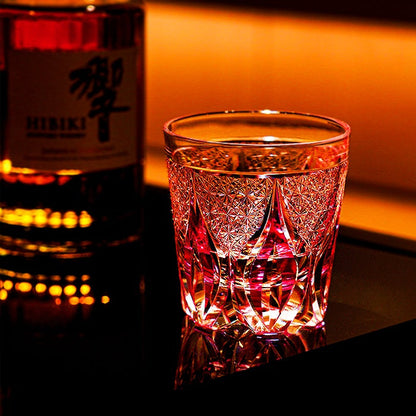Whiskey Glass Edo Kiriko Handcrafted Crimson Flame Gold-Infused with Wooden Gift Box