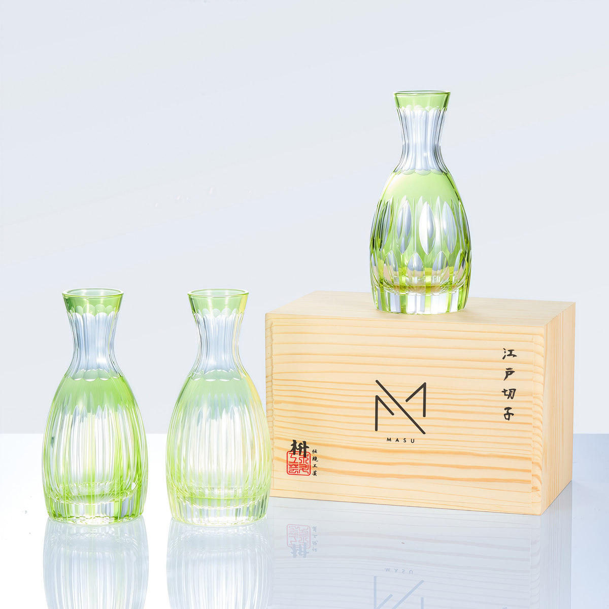Sake Flagon Edo Kiriko Komari Hand-Cut Crystal | Tama Tate-Suji Blue Green Pink Japanese Glassware