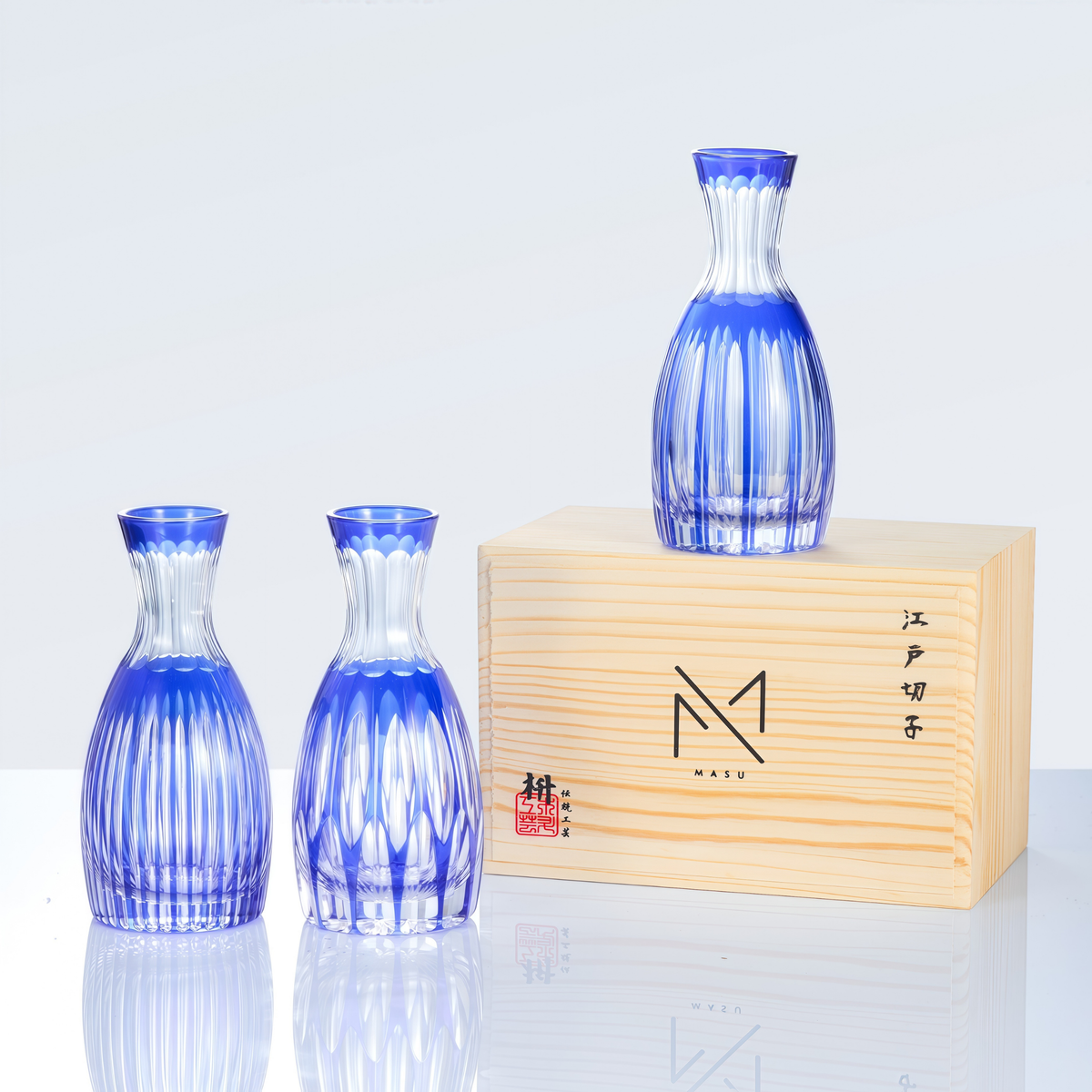 Sake Flagon Edo Kiriko Komari Hand-Cut Crystal | Tama Tate-Suji Blue Green Pink Japanese Glassware