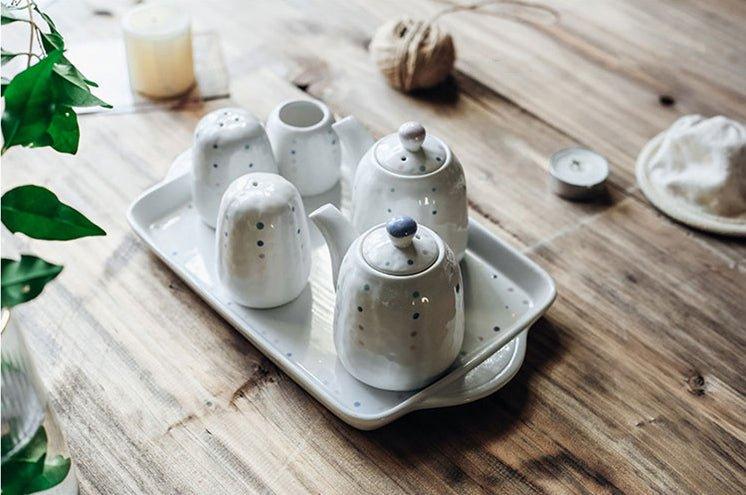 Ceramic Condiment Set Japanese Handcrafted Dotted Salt Pepper Shaker Sauce Dispenser Tray 6 Piece