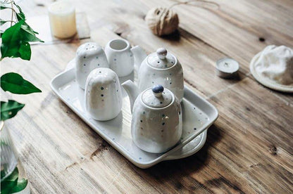 Ceramic Condiment Set Japanese Handcrafted Dotted Salt Pepper Shaker Sauce Dispenser Tray 6 Piece