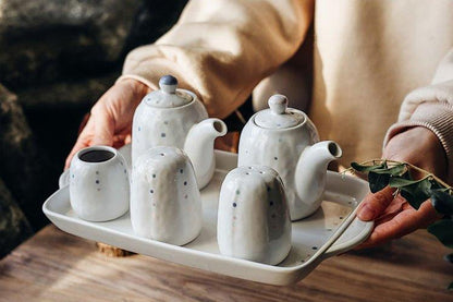 Ceramic Condiment Set Japanese Handcrafted Dotted Salt Pepper Shaker Sauce Dispenser Tray 6 Piece