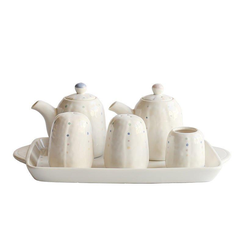 Ceramic Condiment Set Japanese Handcrafted Dotted Salt Pepper Shaker Sauce Dispenser Tray 6 Piece