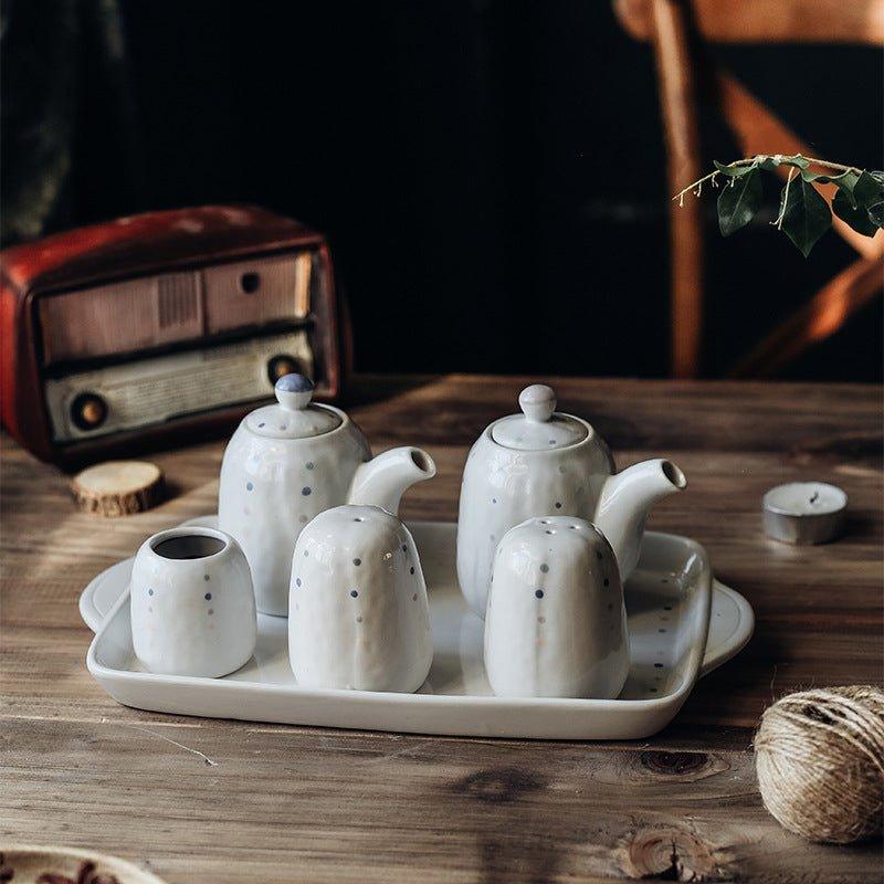 Ceramic Condiment Set Japanese Handcrafted Dotted Salt Pepper Shaker Sauce Dispenser Tray 6 Piece