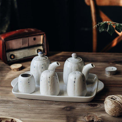 Ceramic Condiment Set Japanese Handcrafted Dotted Salt Pepper Shaker Sauce Dispenser Tray 6 Piece