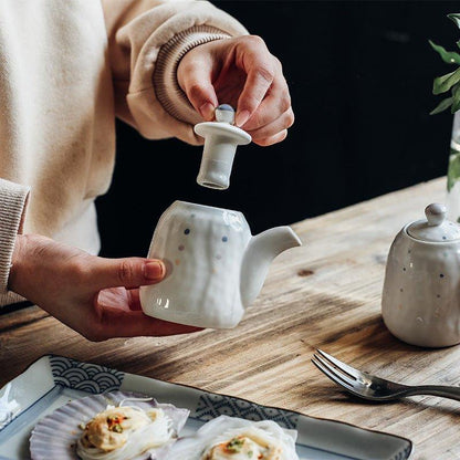 Ceramic Condiment Set Japanese Handcrafted Dotted Salt Pepper Shaker Sauce Dispenser Tray 6 Piece