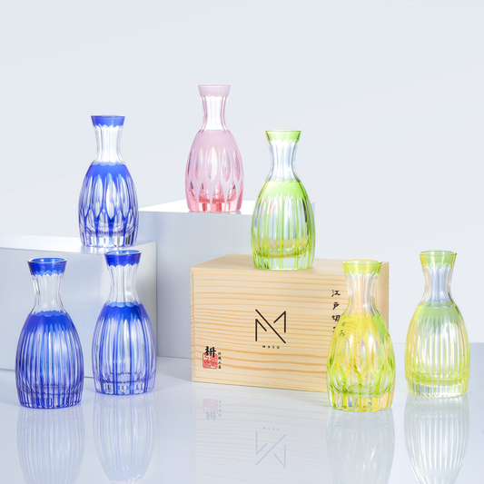 Sake Flagon Edo Kiriko Komari Hand-Cut Crystal | Tama Tate-Suji Blue Green Pink Japanese Glassware