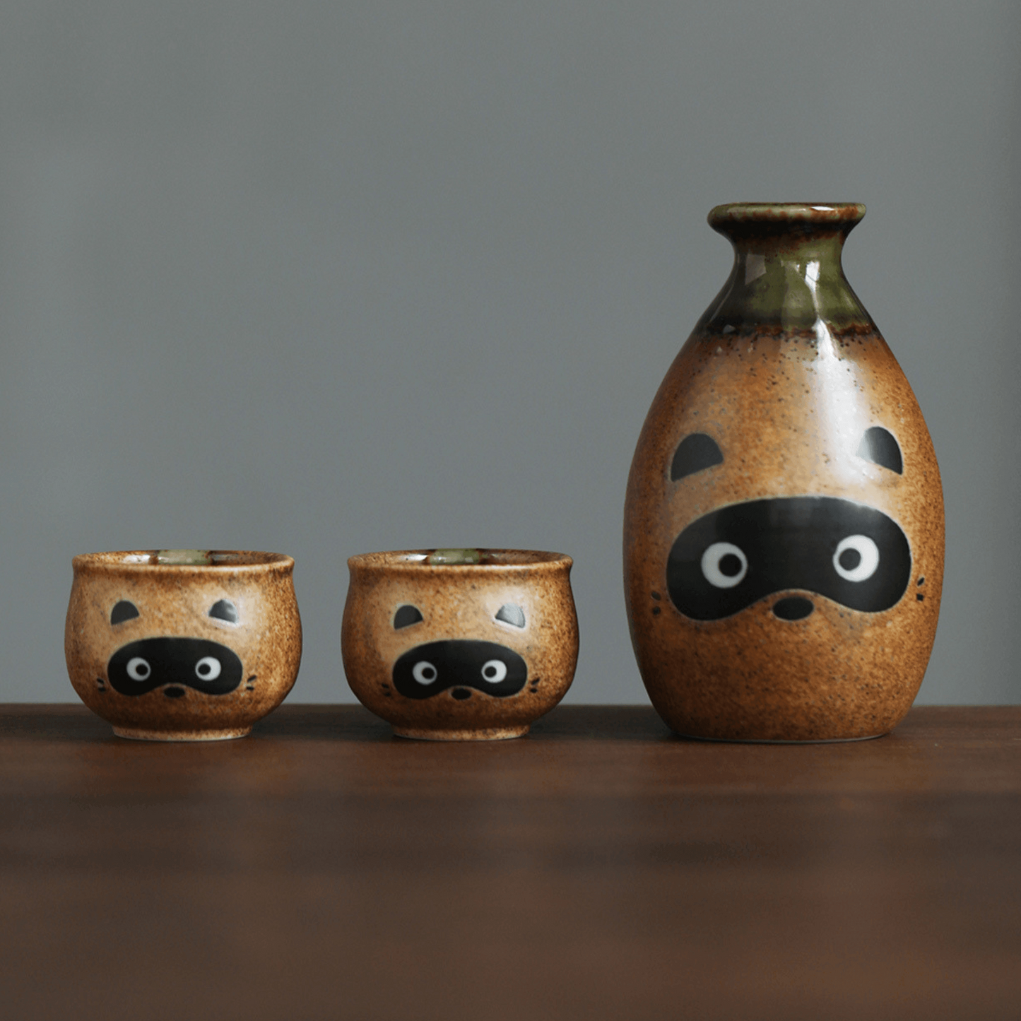 Ceramic Sake Set Tanuki Japanese Handcrafted Raccoon Folk Art Lucky