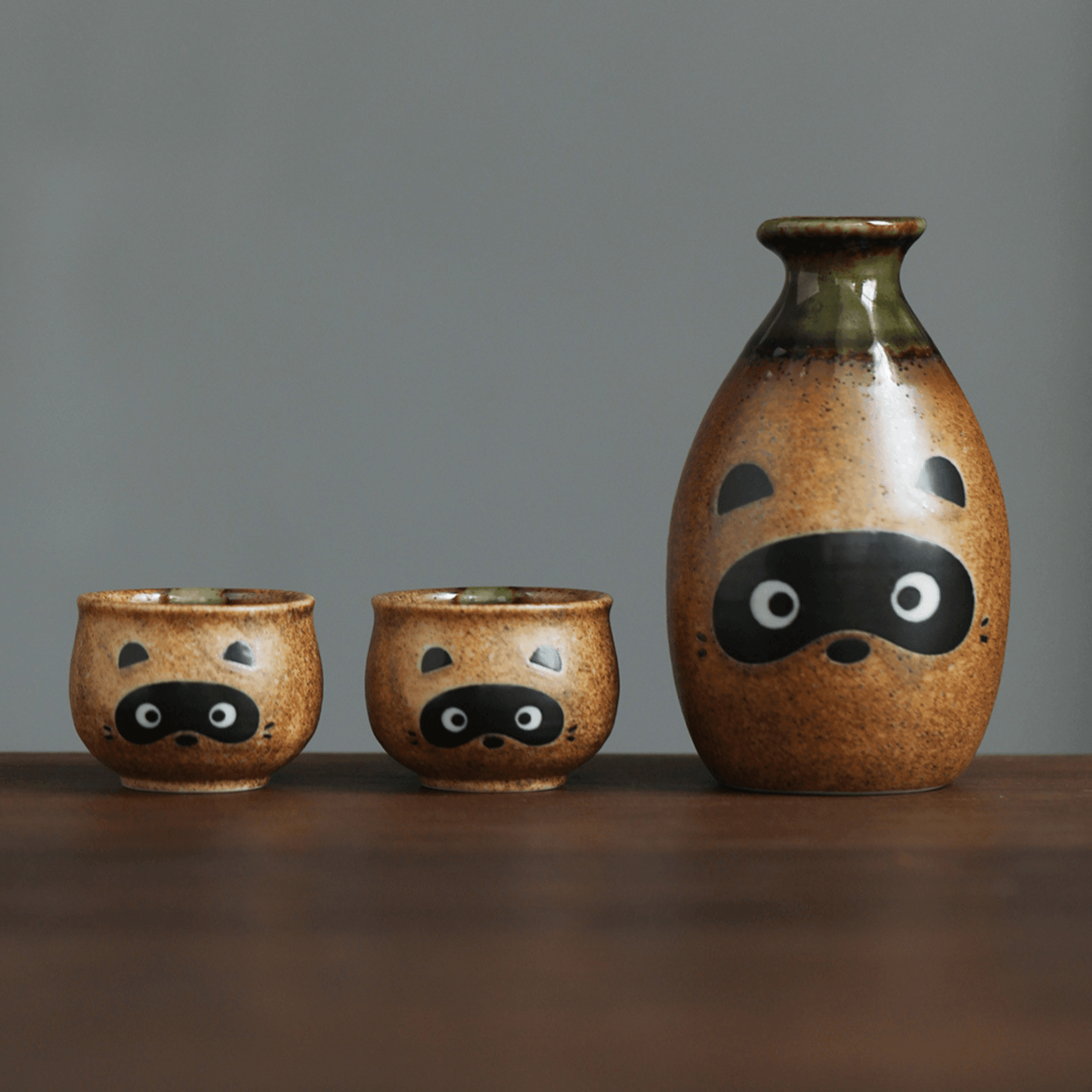 Ceramic Sake Set Tanuki Japanese Handcrafted Raccoon Folk Art Lucky