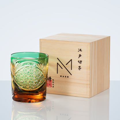 Whiskey Glass Edo Kiriko Crane Feather – Hand-Cut Japanese Tumbler with Wooden Box | 5 Amber Colors
