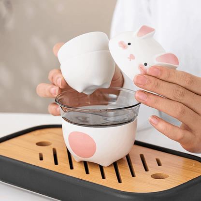 Tea Set Ceramic Bunny Teapot & Cups with Leather Carrying Case – Cute Gift Set