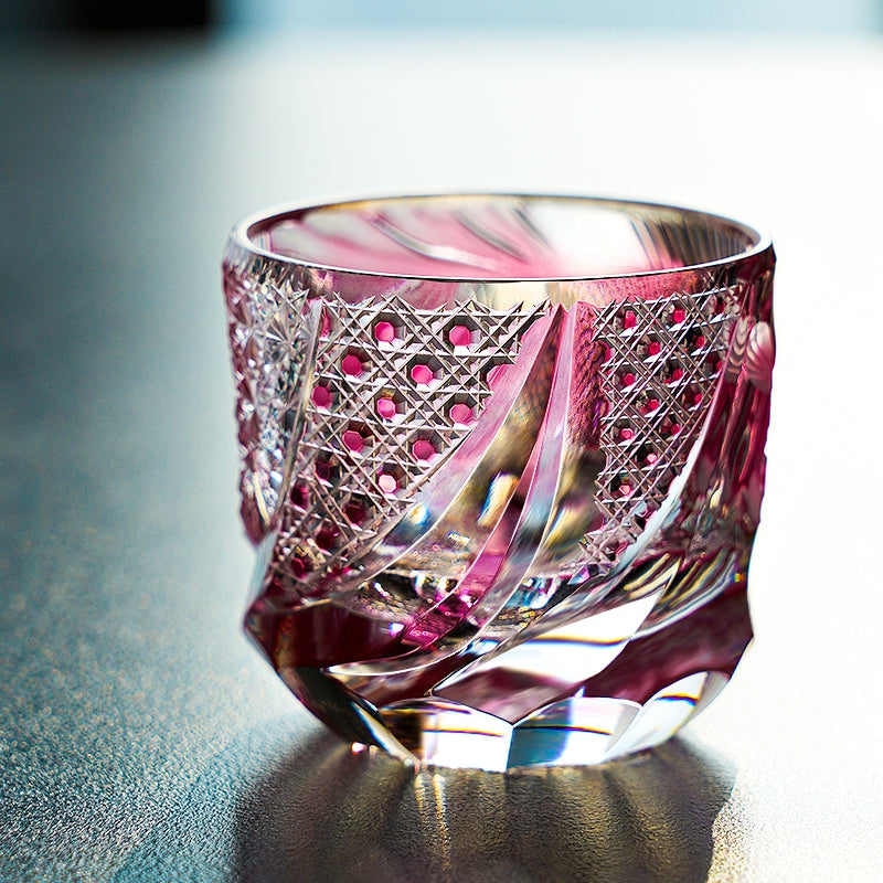 Whiskey Glass Rose Koi | Edo Kiriko Handcrafted Red Crystal Barware