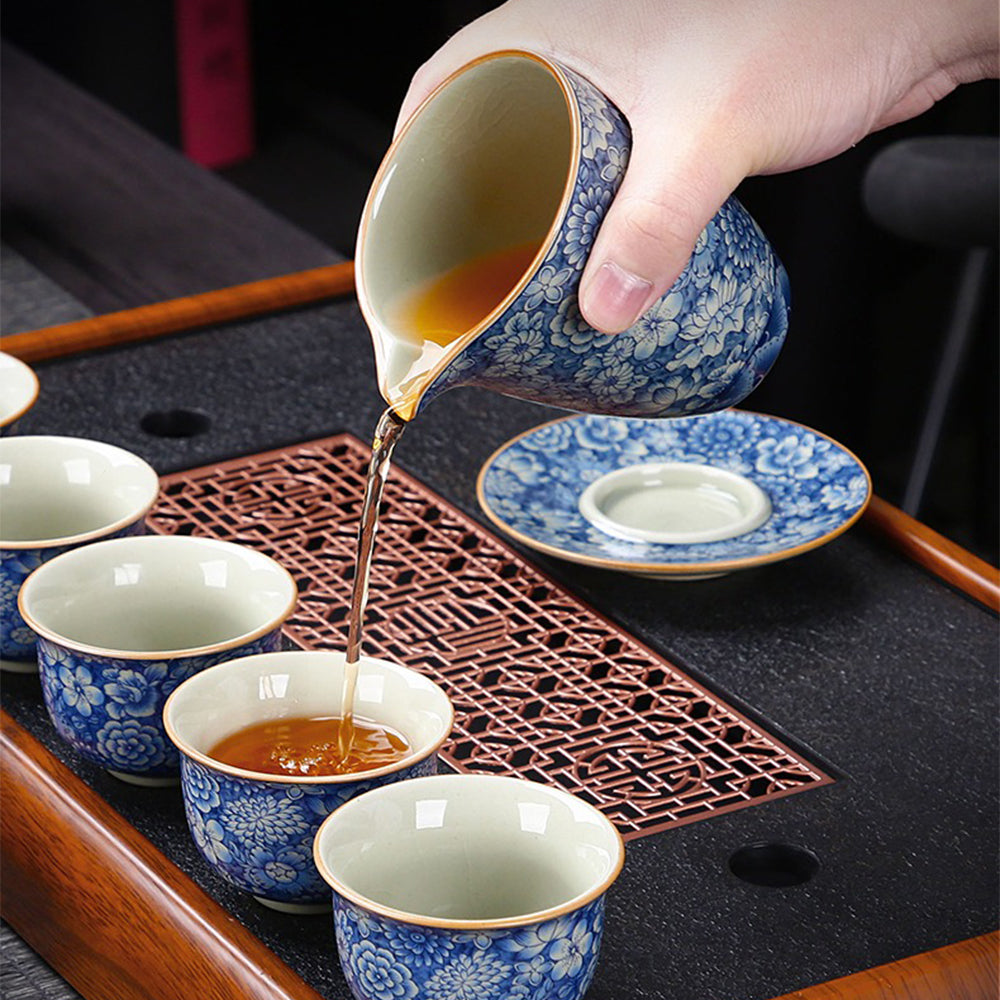 Kung Fu Tea Set Ruyao Blue White Floral 15pcs with Tray