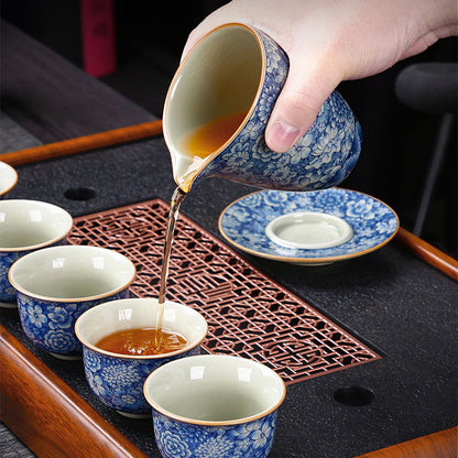 Kung Fu Tea Set Ruyao Blue White Floral 15pcs with Tray