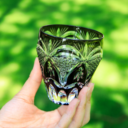 Kiriko Whiskey Glass Edo Kohaku Sakura Chrysanthemum Hand-Cut Crystal | Red Grey Japanese Glassware