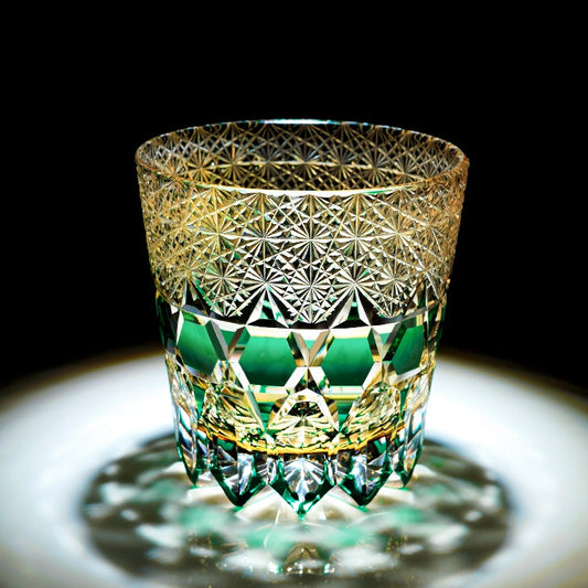 Whiskey Glass Edo Kiriko Handcrafted Emerald Fluorite with Wooden Gift Box