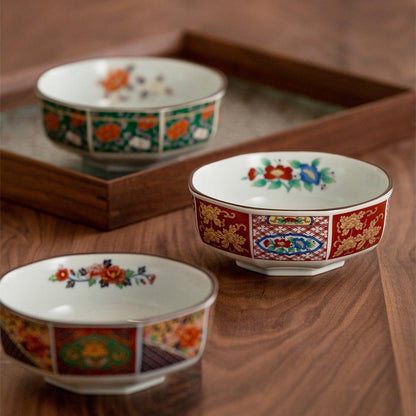 Bowl Set of 5 | Japanese Mino Ware Octagonal Court Brocade Ceramic Bowls