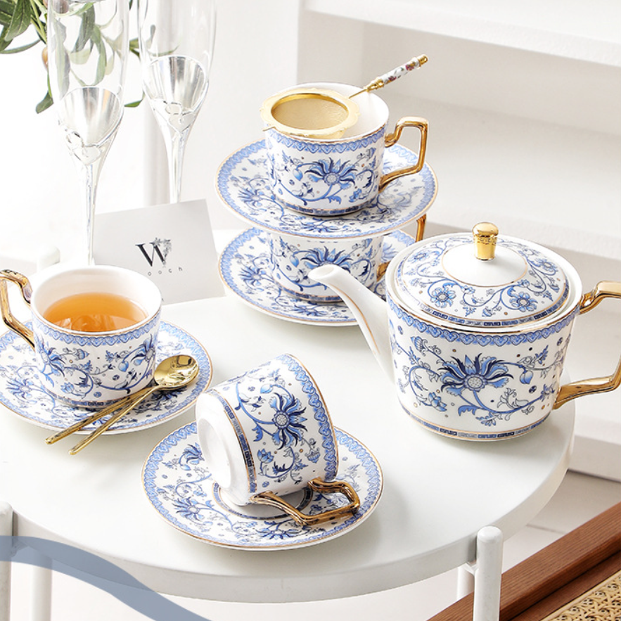 Tea Set Bone China Blue Floral Harmony Ceramic Teacup Saucer Teapot Wedding Gift Set Hand-Painted Floral