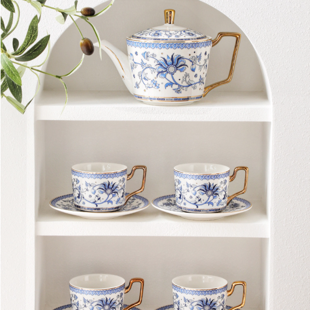 Tea Set Bone China Blue Floral Harmony Ceramic Teacup Saucer Teapot Wedding Gift Set Hand-Painted Floral