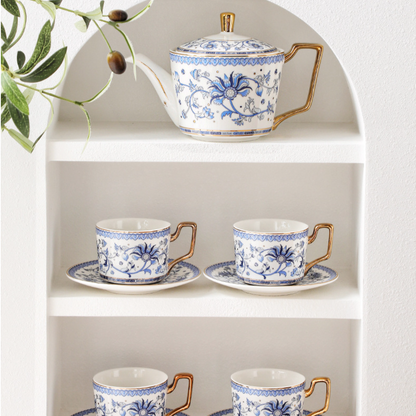 Tea Set Bone China Blue Floral Harmony Ceramic Teacup Saucer Teapot Wedding Gift Set Hand-Painted Floral