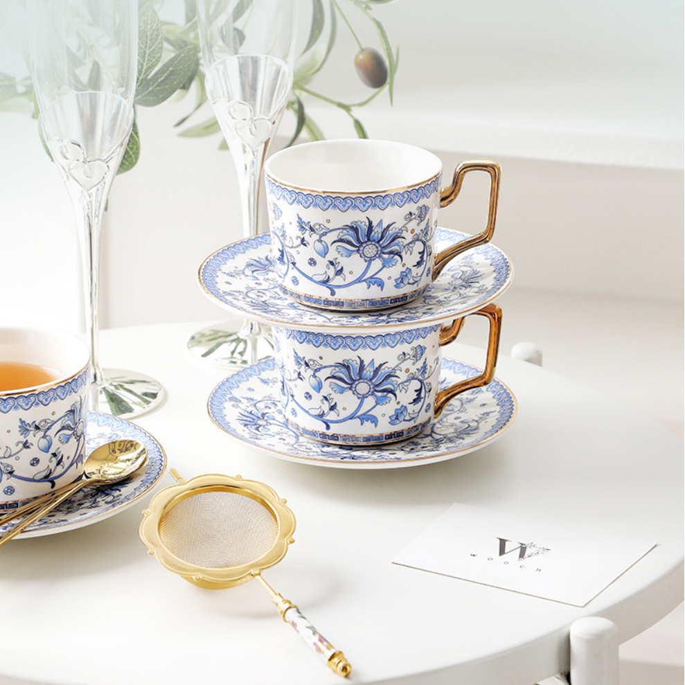 Tea Set Bone China Blue Floral Harmony Ceramic Teacup Saucer Teapot Wedding Gift Set Hand-Painted Floral