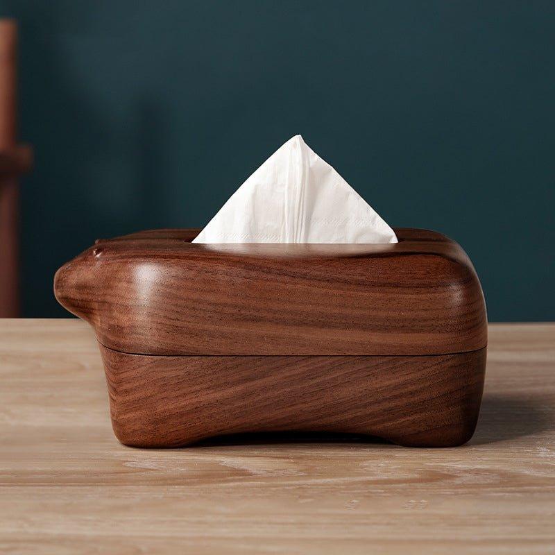 Tissue Box Holder Walnut Wood Bear Shape Magnetic Cover Handmade