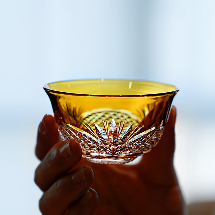 Tea Set Handcrafted Amber Glass Chrysanthemum Engraved Japanese Tea Ceremony Set Artisan Teacup Gift