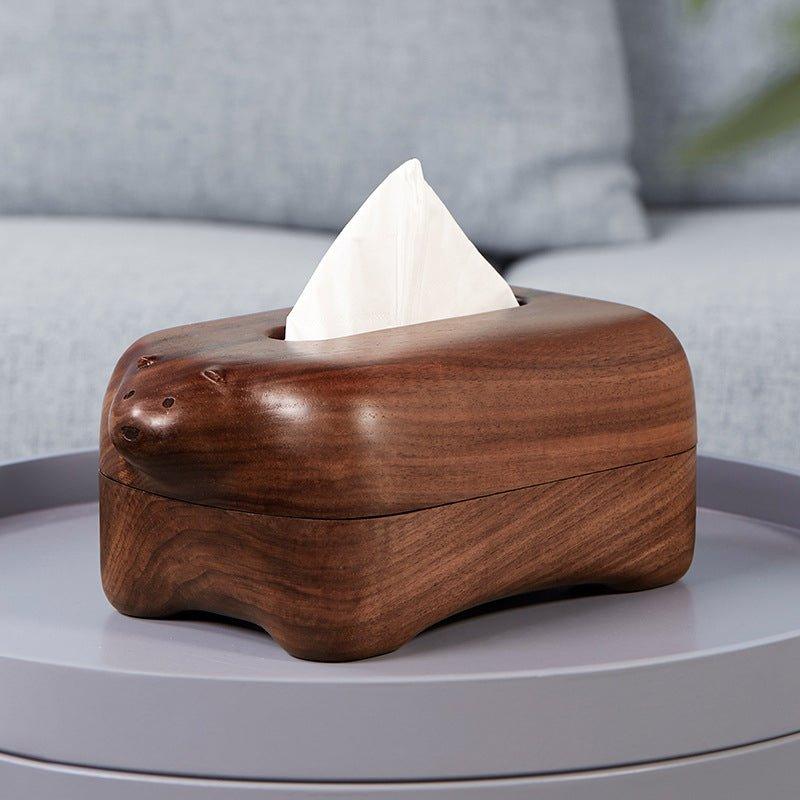 Tissue Box Holder Walnut Wood Bear Shape Magnetic Cover Handmade