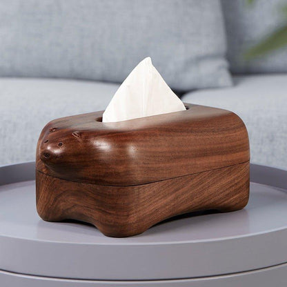Tissue Box Holder Walnut Wood Bear Shape Magnetic Cover Handmade