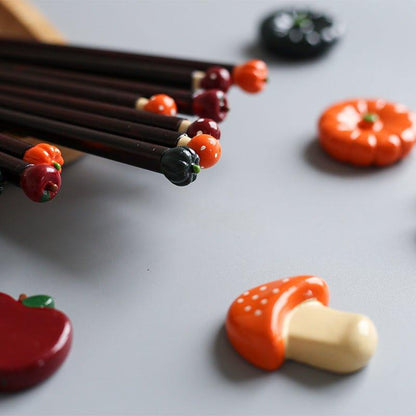 Resin Chopstick Rest Fall Harvest Design Pumpkin Mushroom Apple Japanese Handcrafted