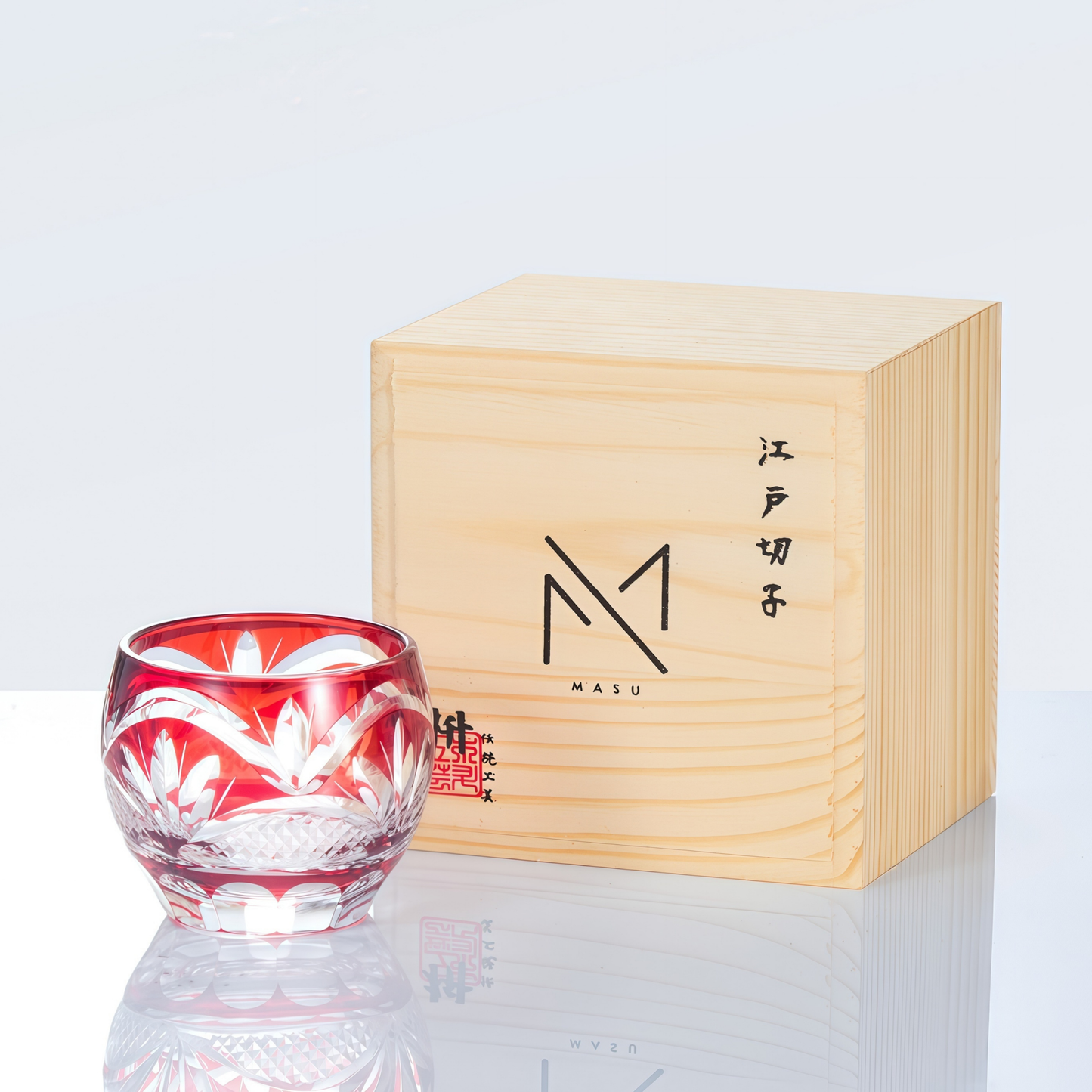 Sake Cup Edo Kiriko Akebono Guinomi Collection – Hand-Cut Crimson Japanese Sake Glass with Wooden Box | 4 Patterns
