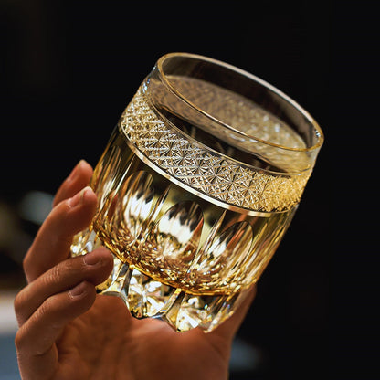 Whiskey Glass Edo Kiriko Amber Celestial – Hand-Cut Starburst Japanese Tumbler with Wooden Box